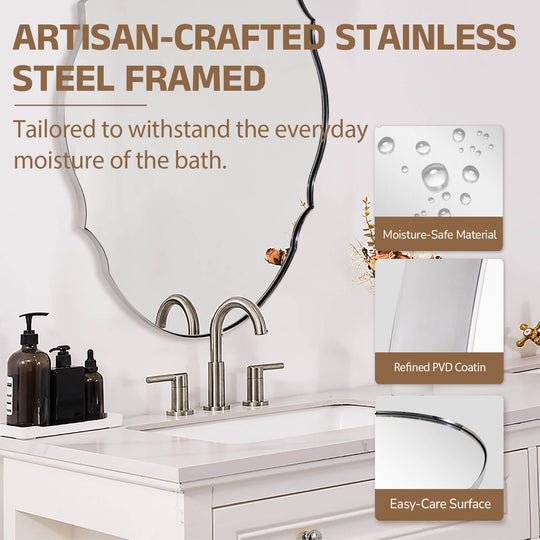 Contemporary Oval Scalloped Wall Mirror Irregular Bathroom Vanity Mirror| Stainless Steel Frame