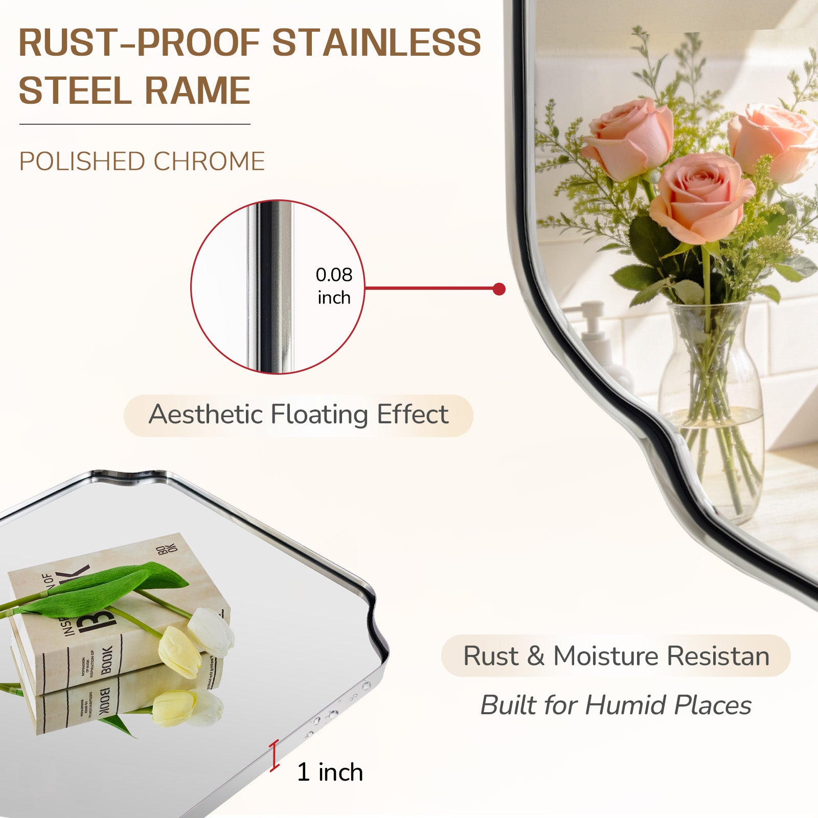 Modern Top Notched Corner Scalloped Bathroom Rectangle Vanity Wall Mirror | Stainless Steel Frame