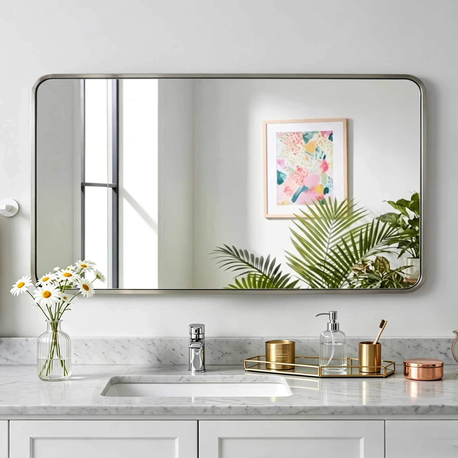 Modern Bold Framed Rectangle Wall Mirrors for Bathroom Wall| Stainless Steel Framed