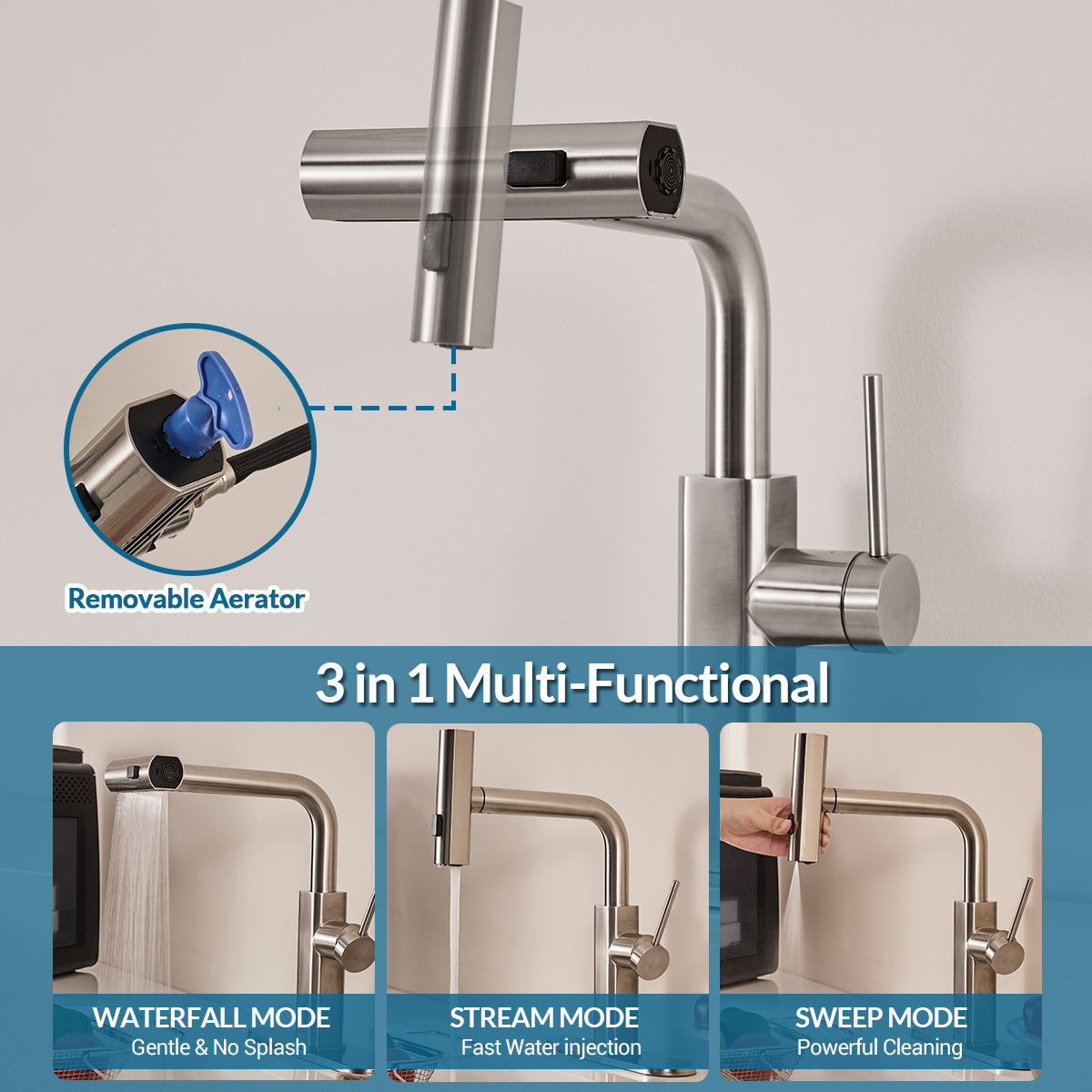 Modern Stainless Steel Kitchen Faucet with Pull-Out Sprayer 3 in 1 Flow Modes