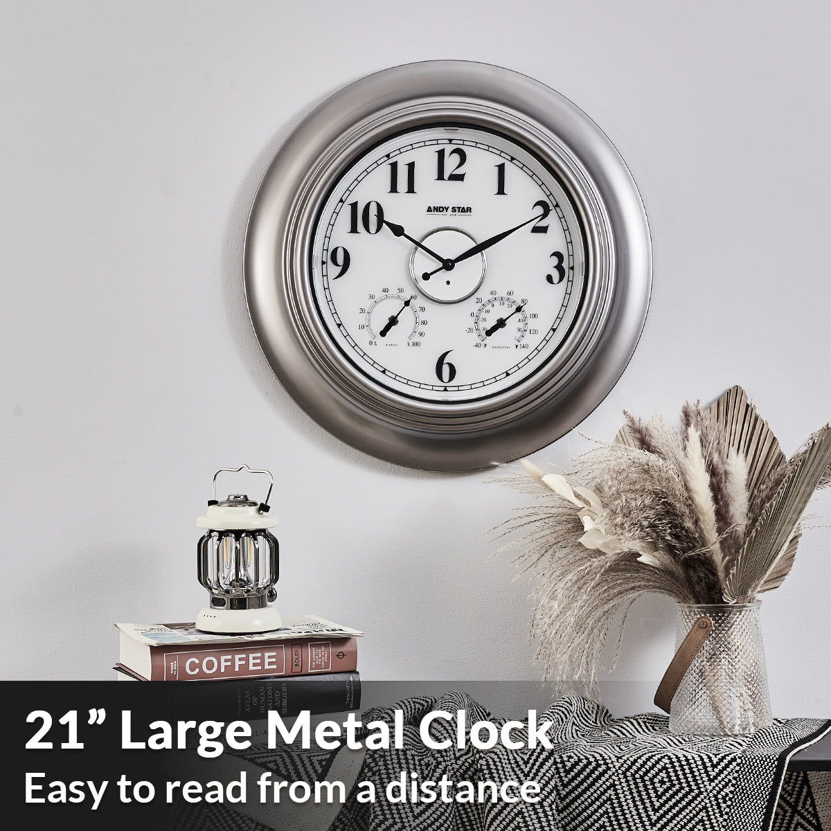 Modern Smart Illuminated Outdoor Wall Clock with Thermometer Weatherproof | Silver,21 inch