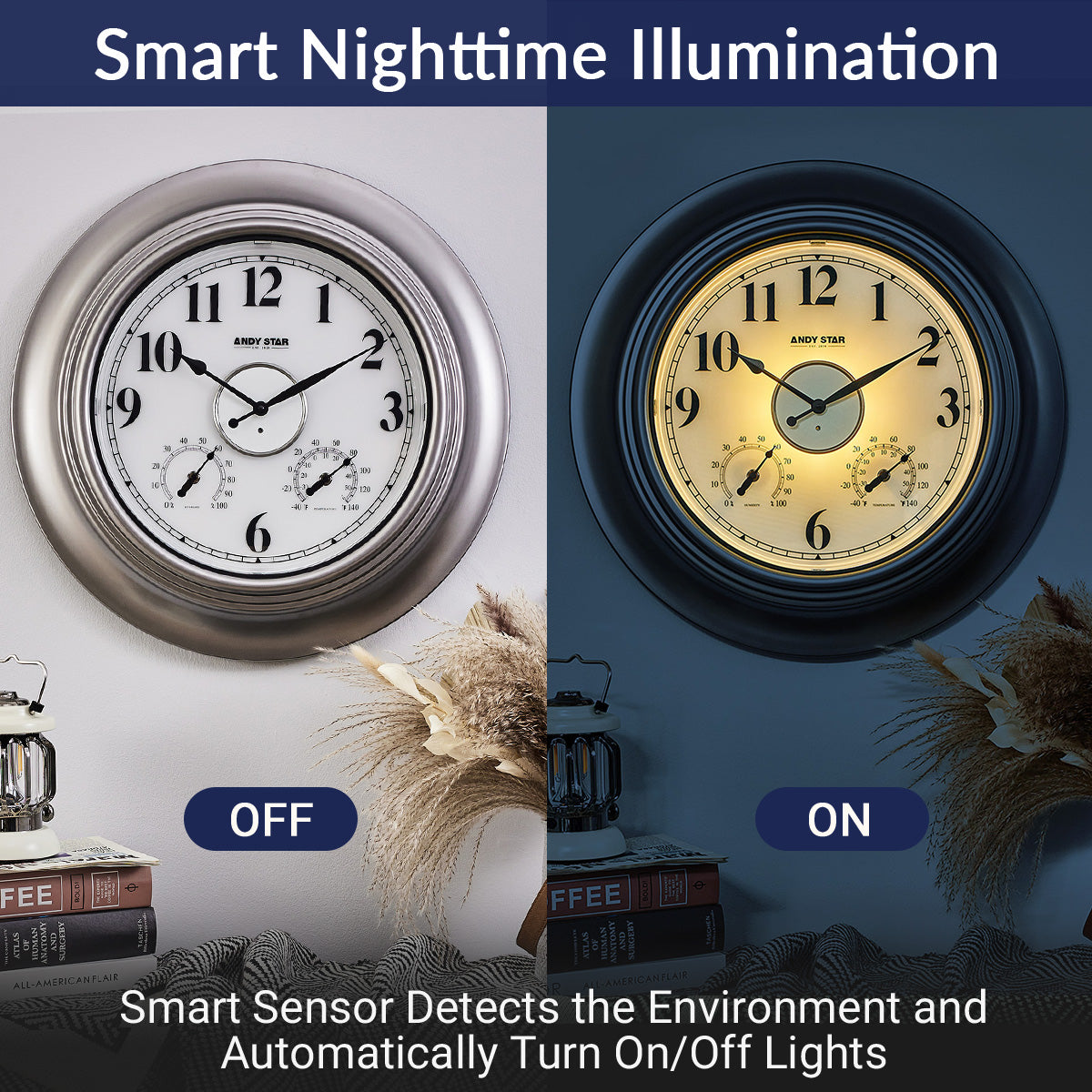 Modern Smart Illuminated Outdoor Wall Clock with Thermometer Weatherproof | Silver,21 inch