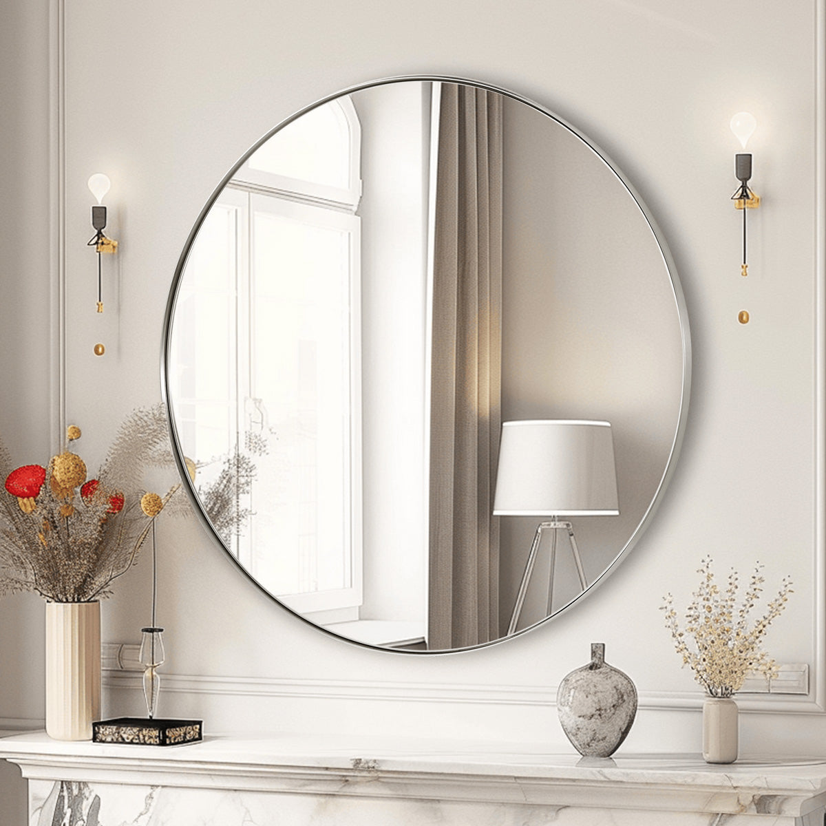 Contemporary Round Mirror for Bathroom | Stainless Steel Frame