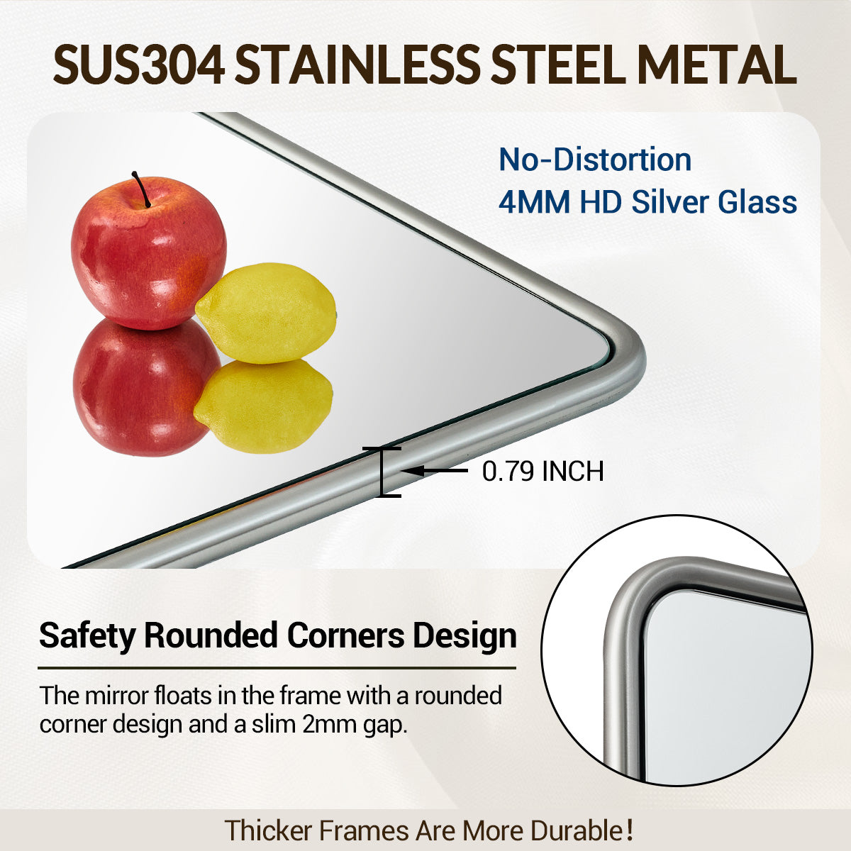 Contemporary Rectangle Bathroom Mirror |Rounded Stainless Steel Framed