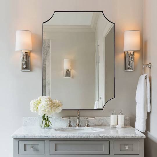 Contemporary  Rounded Notched Corner Scalloped  Rectangle Bathroom Vanity Mirror | Stainless Steel Frame