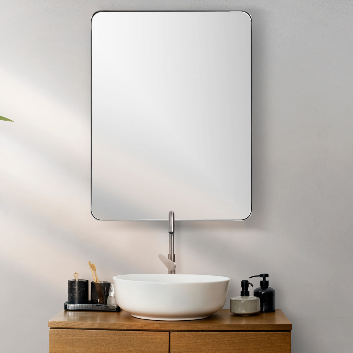 Open Box Like New : Modern Rounded Rectangle Mirror for Bathroom/ Vanity/ Wall | Stainless Steel Frame