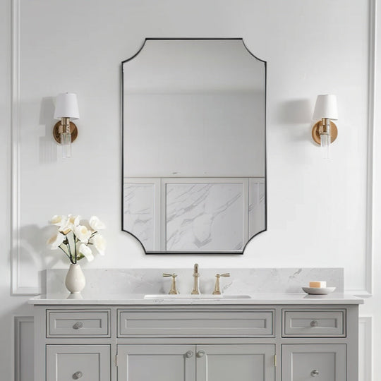 Contemporary  Rounded Notched Corner Scalloped  Rectangle Bathroom Vanity Mirror | Stainless Steel Frame
