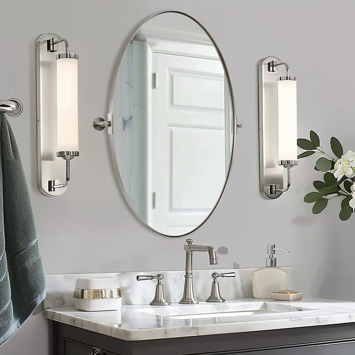 Oval Pivot Mirrors Adjustable Tilting Angle Floating  Bathroom Mirror| Stainless Steel Framed