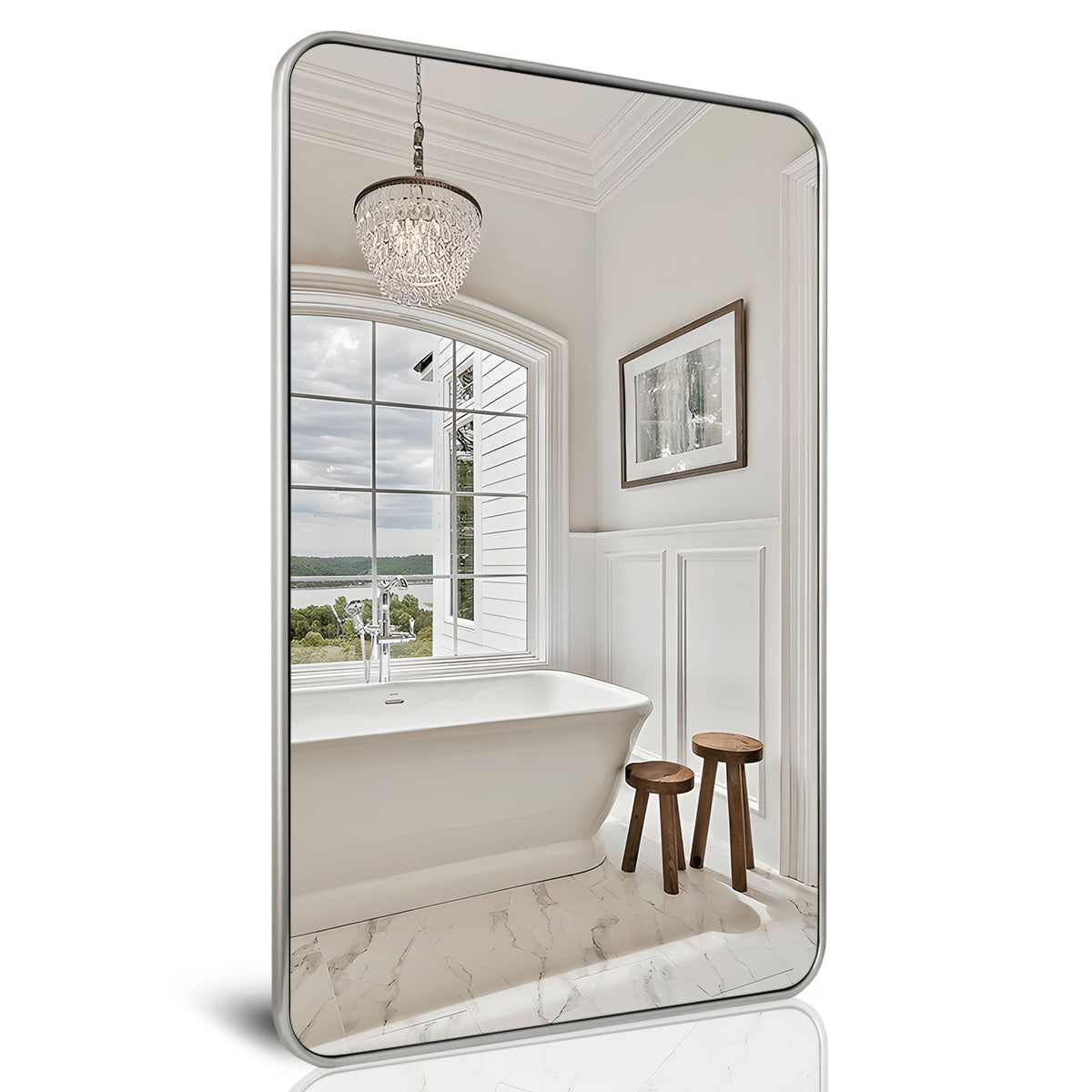 Modern Rounded Rectangular Bathroom Mirrors| Stainless Steel  U-Tube Frame