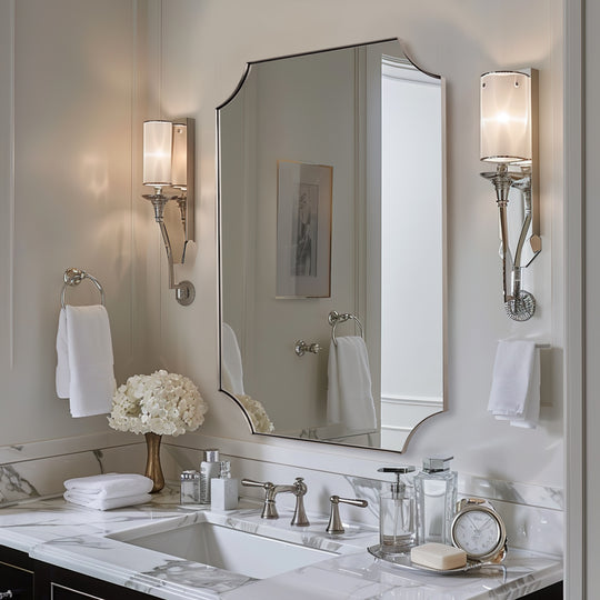 Contemporary  Rounded Notched Corner Scalloped  Rectangle Bathroom Vanity Mirror | Stainless Steel Frame