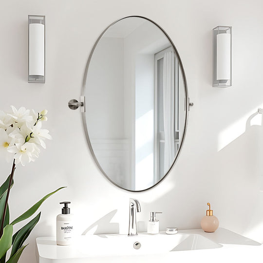 Oval Pivot Mirrors Adjustable Tilting Angle for Bathroom | Stainless Steel Framed