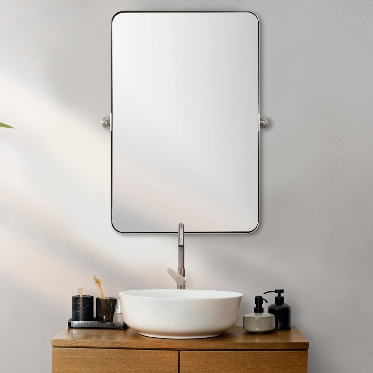 Open Box Like New: Tilting Pivot Rectangular Bathroom Mirrors | Stainless Steel Frame