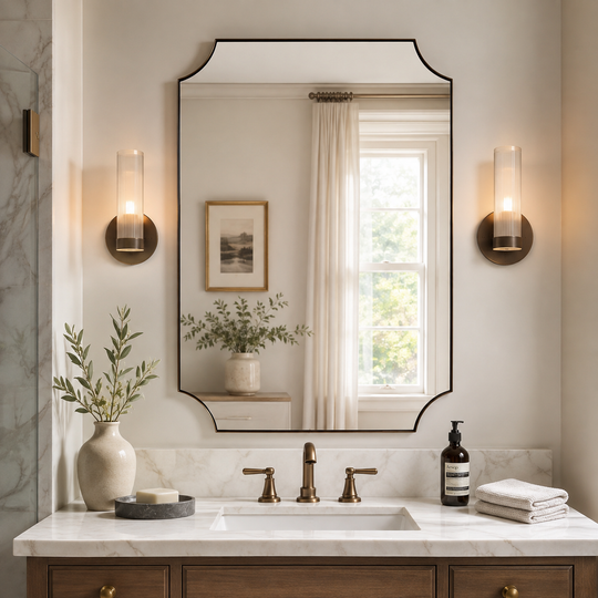 Modern Cut Corner Scalloped  Rectangle Bathroom Vanity Mirror | Stainless Steel Frame