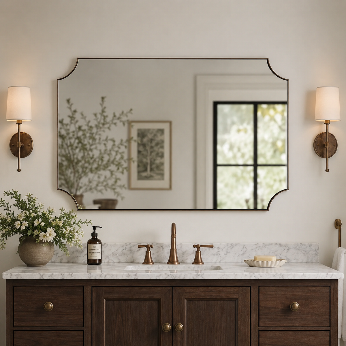 Modern Cut Corner Scalloped  Rectangle Bathroom Vanity Mirror | Stainless Steel Frame