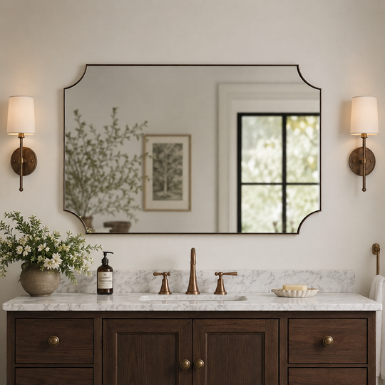 Modern Cut Corner Scalloped  Rectangle Bathroom Vanity Mirror | Stainless Steel Frame