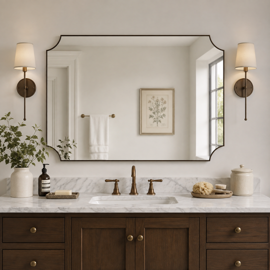 Modern Cut Corner Scalloped  Rectangle Bathroom Vanity Mirror | Stainless Steel Frame