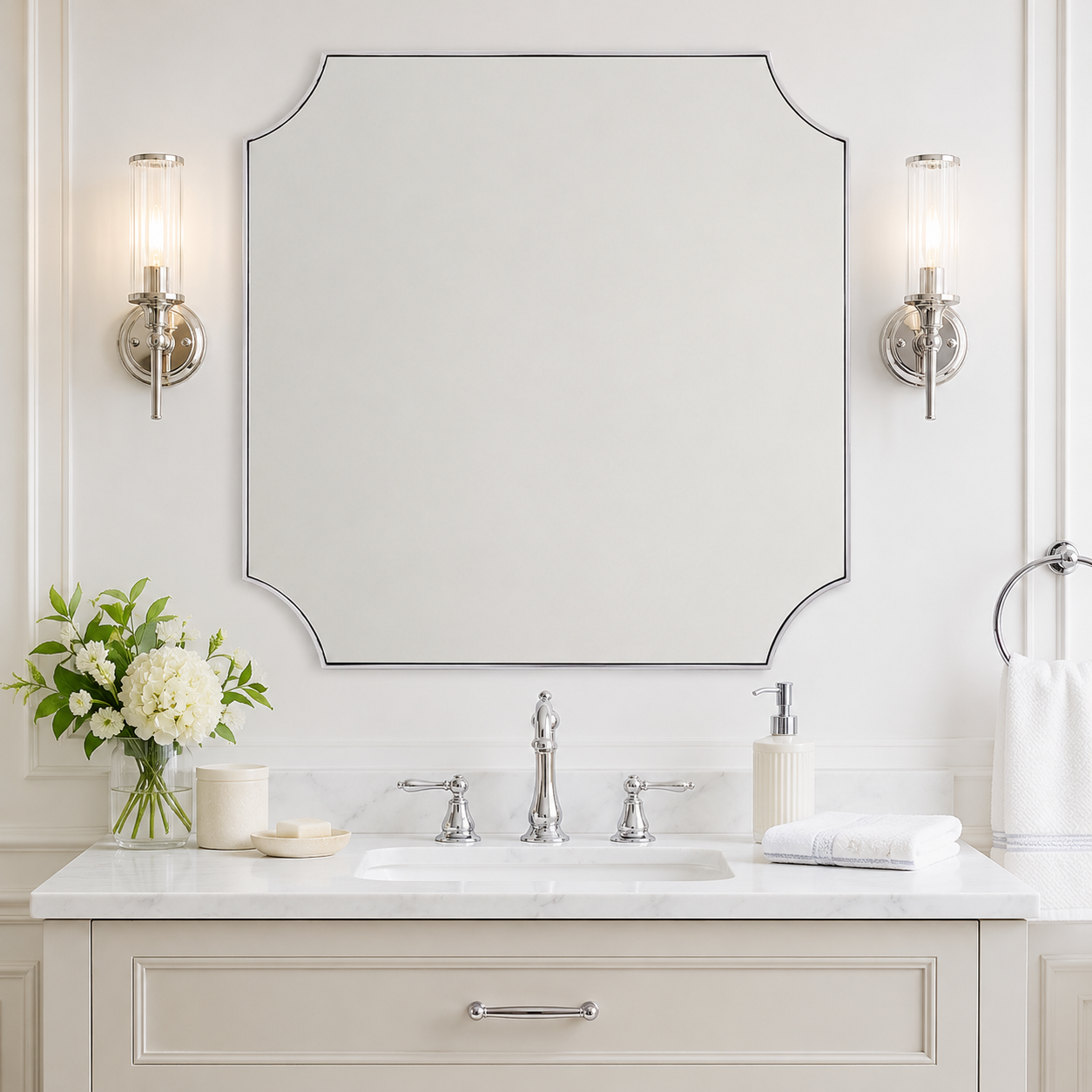 Modern Cut Corner Scalloped  Rectangle Bathroom Vanity Mirror | Stainless Steel Frame