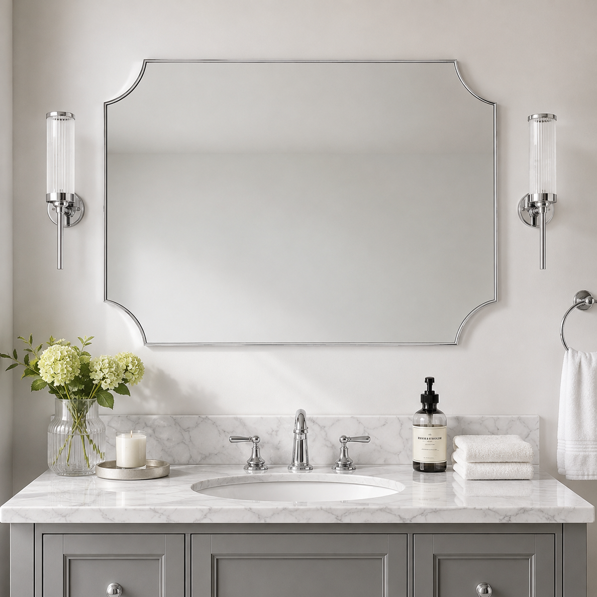 Modern Cut Corner Scalloped  Rectangle Bathroom Vanity Mirror | Stainless Steel Frame