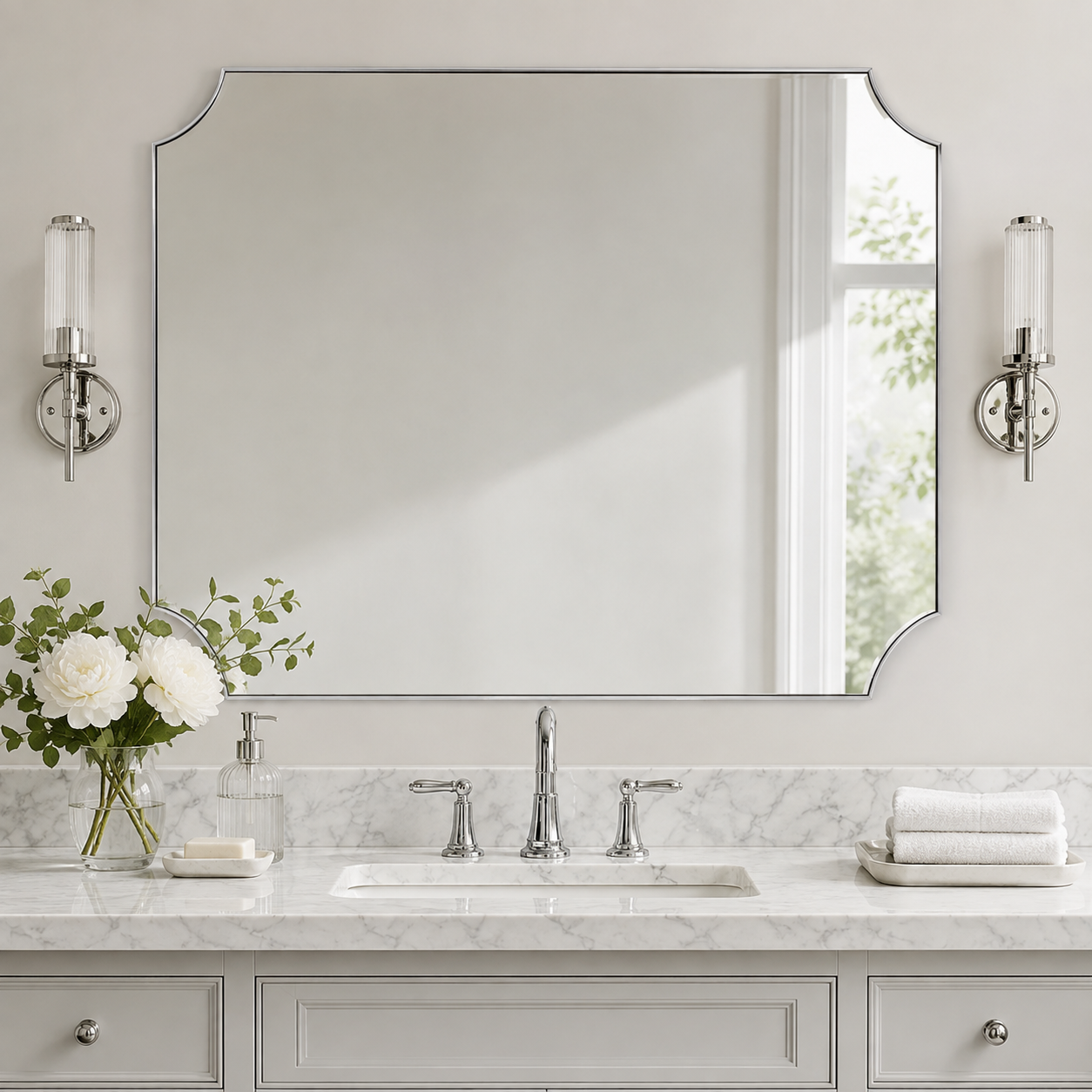 Modern Cut Corner Scalloped  Rectangle Bathroom Vanity Mirror | Stainless Steel Frame