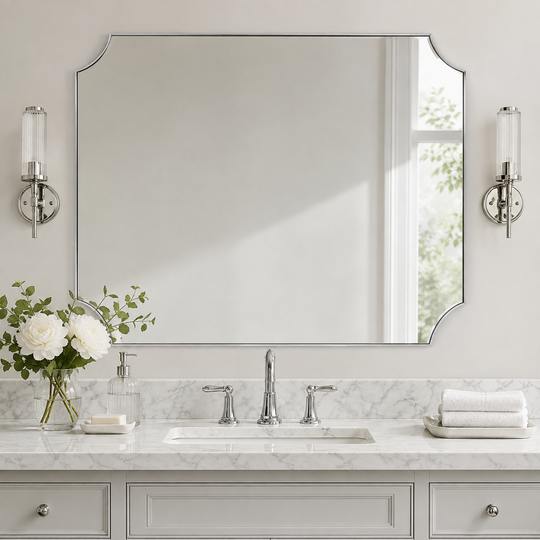 Modern Cut Corner Scalloped  Rectangle Bathroom Vanity Mirror | Stainless Steel Frame