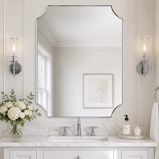 Modern Cut Corner Scalloped  Rectangle Bathroom Vanity Mirror | Stainless Steel Frame