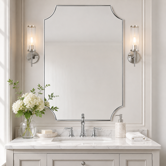 Modern Cut Corner Scalloped  Rectangle Bathroom Vanity Mirror | Stainless Steel Frame