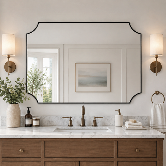 Modern Cut Corner Scalloped  Rectangle Bathroom Vanity Mirror | Stainless Steel Frame