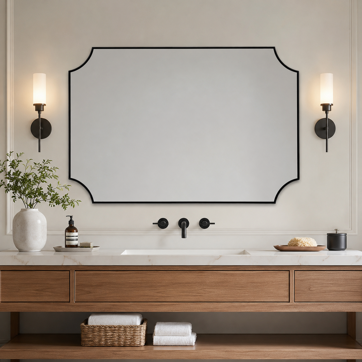 Modern Cut Corner Scalloped  Rectangle Bathroom Vanity Mirror | Stainless Steel Frame