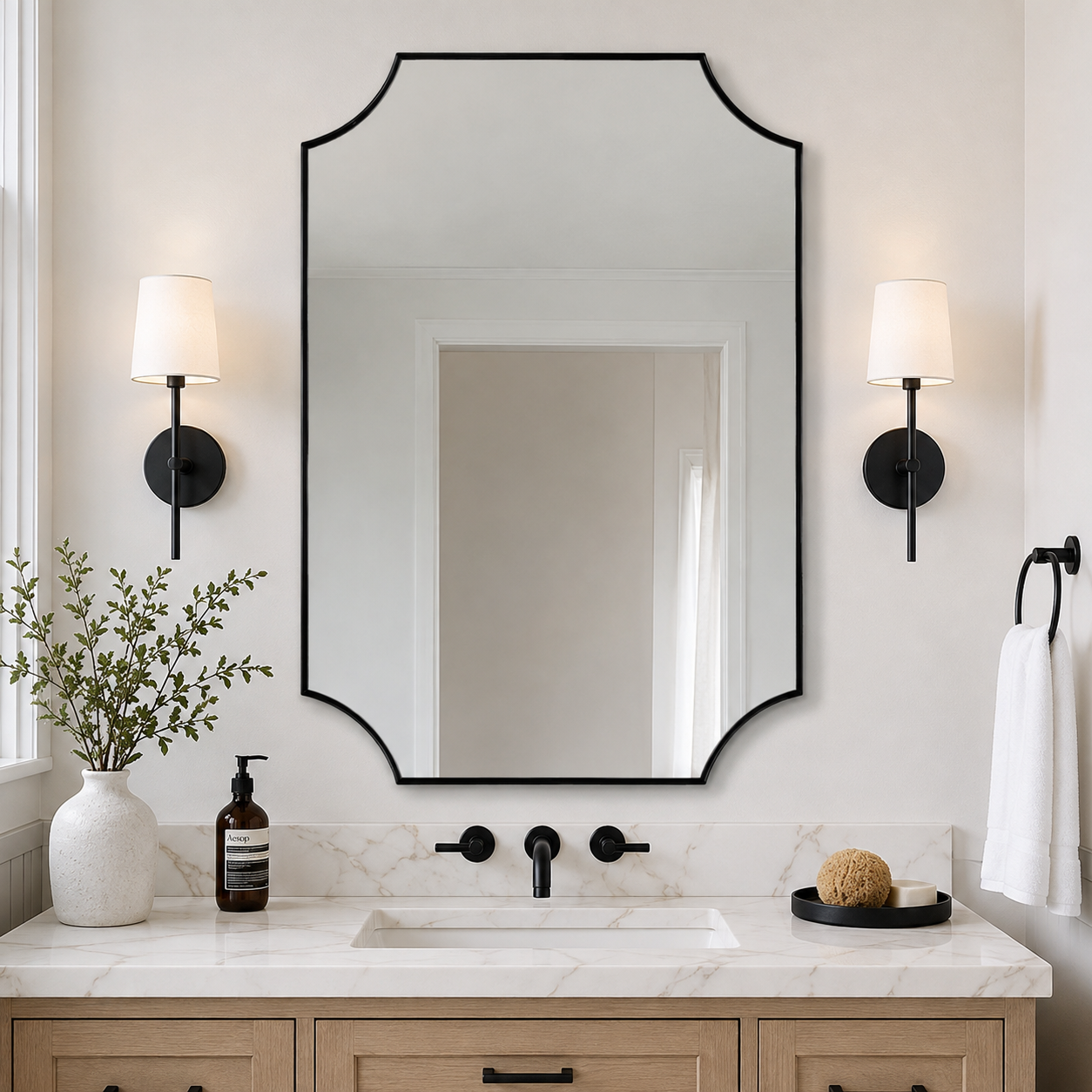 Modern Cut Corner Scalloped  Rectangle Bathroom Vanity Mirror | Stainless Steel Frame