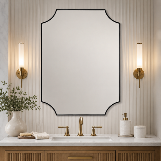 Modern Cut Corner Scalloped  Rectangle Bathroom Vanity Mirror | Stainless Steel Frame