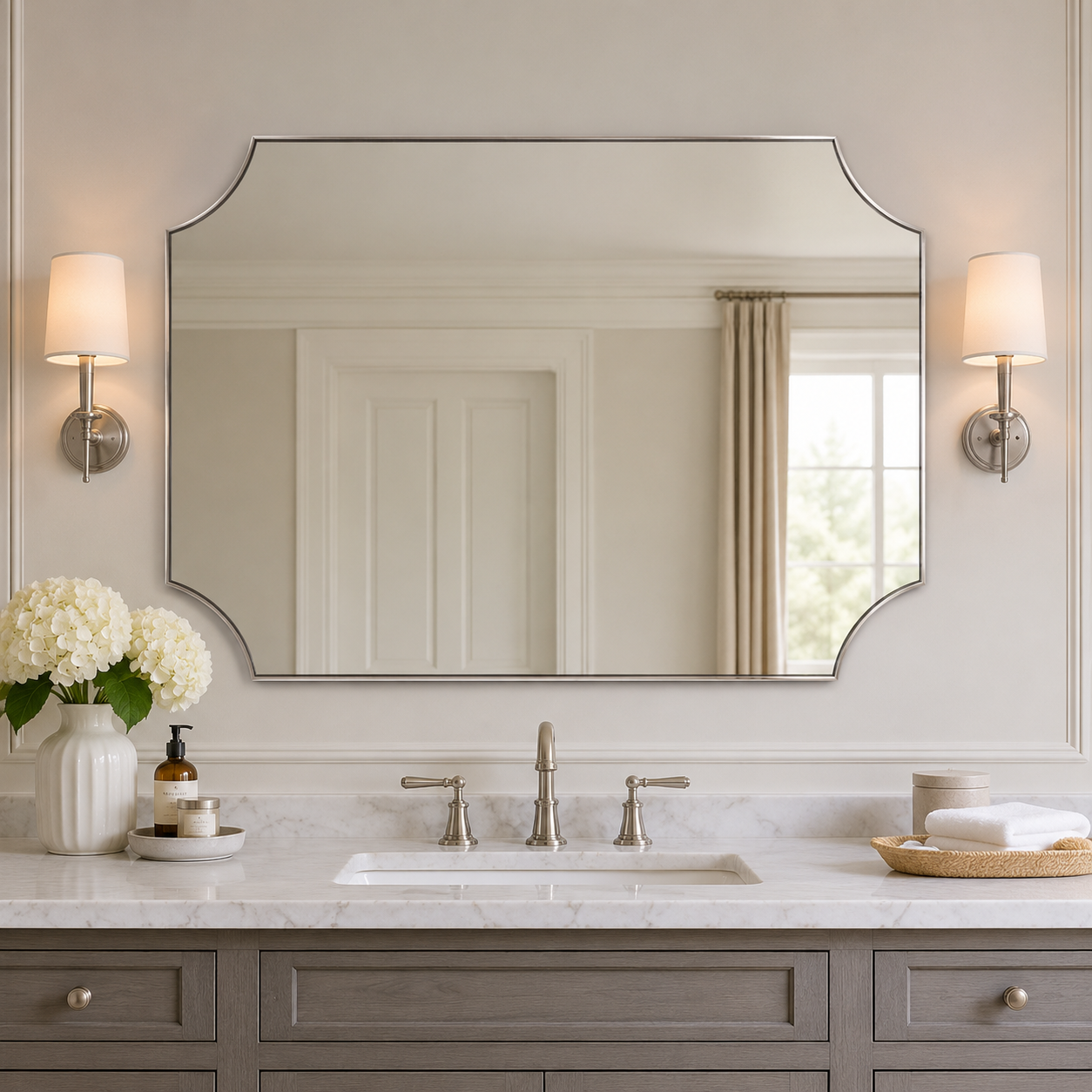 Modern Cut Corner Scalloped  Rectangle Bathroom Vanity Mirror | Stainless Steel Frame