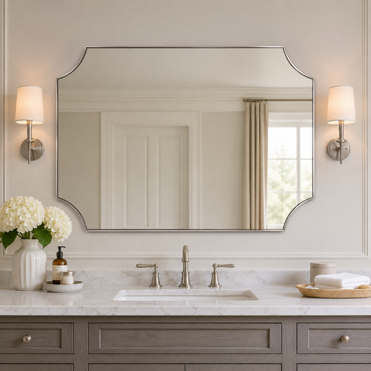 Modern Cut Corner Scalloped  Rectangle Bathroom Vanity Mirror | Stainless Steel Frame