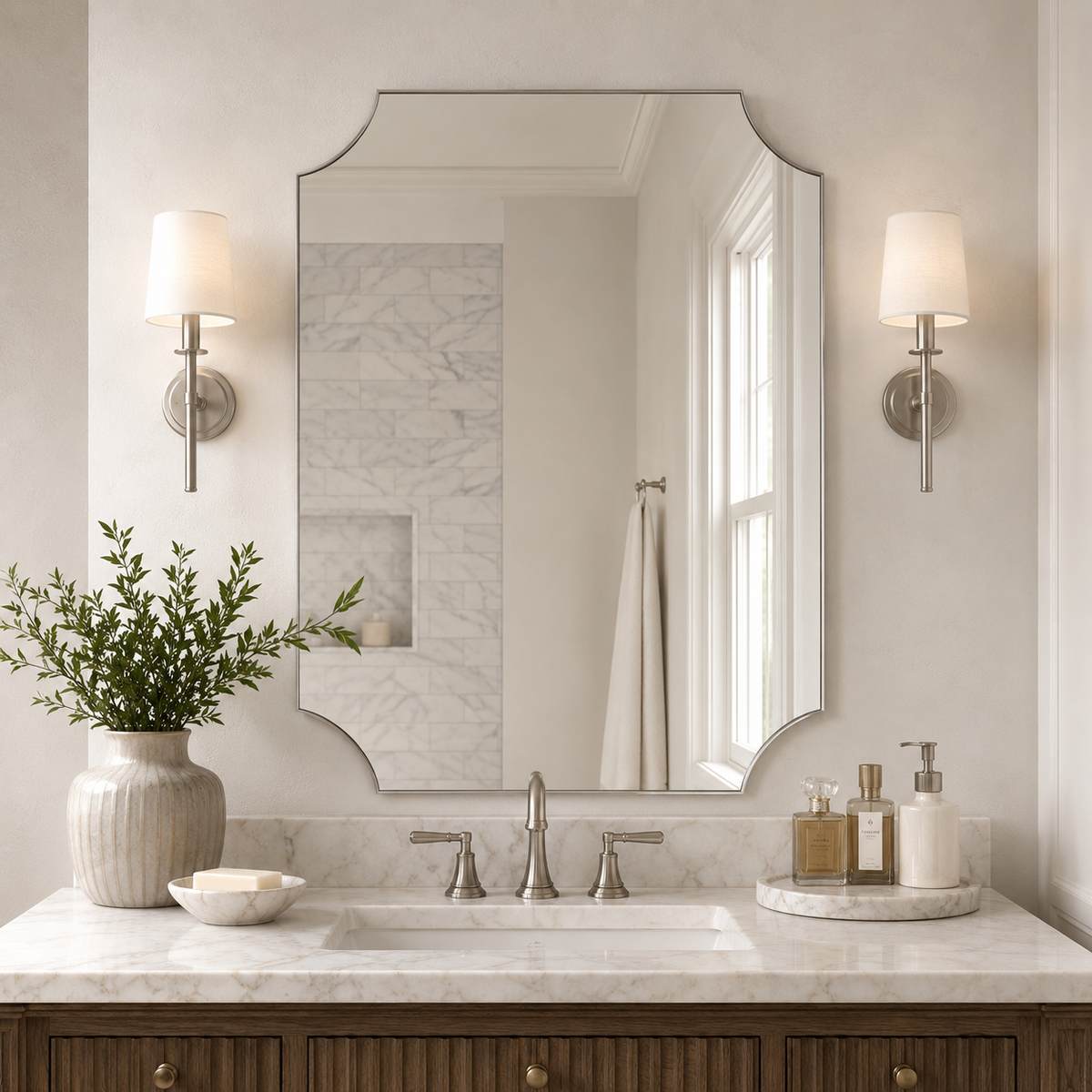 Modern Cut Corner Scalloped  Rectangle Bathroom Vanity Mirror | Stainless Steel Frame