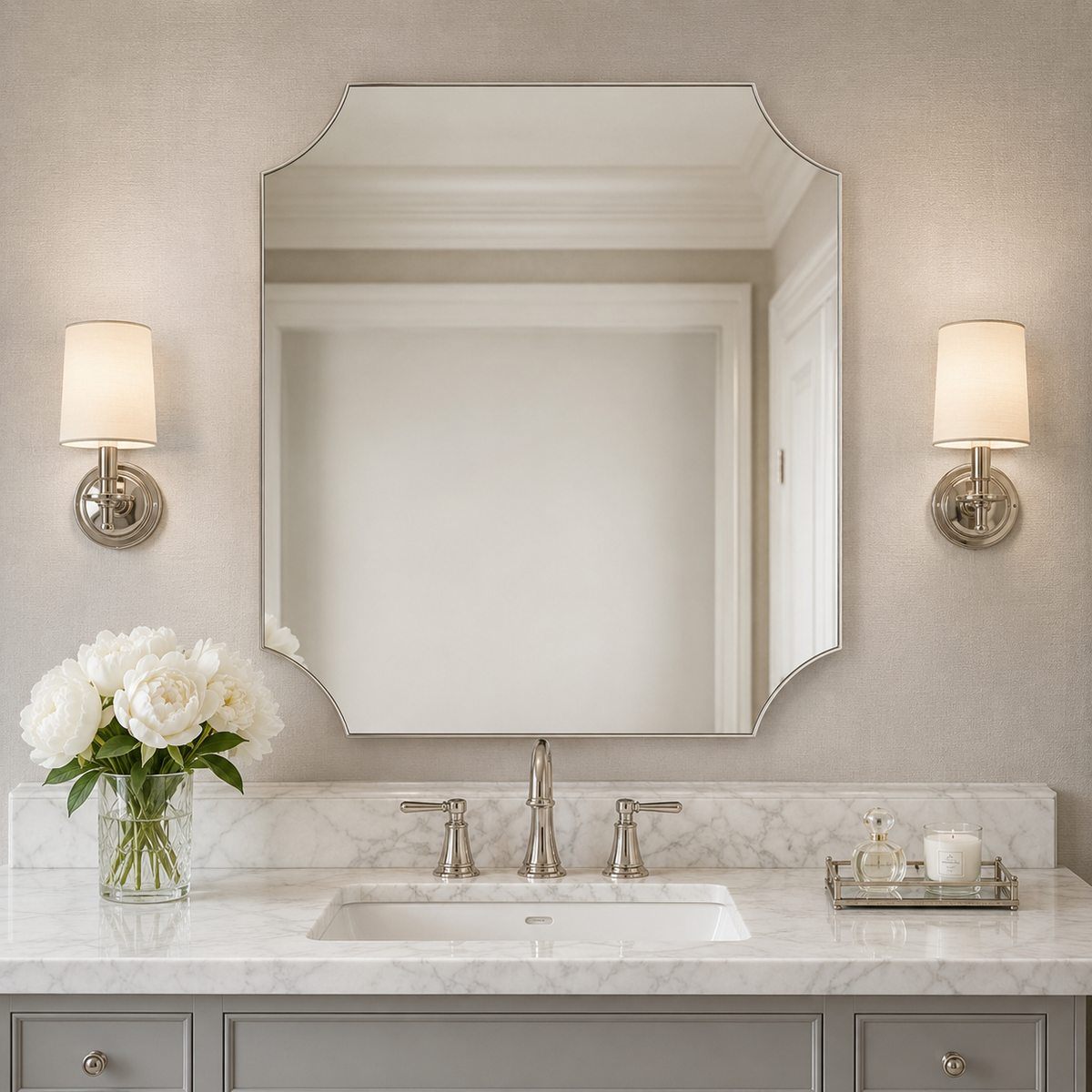 Modern Cut Corner Scalloped  Rectangle Bathroom Vanity Mirror | Stainless Steel Frame