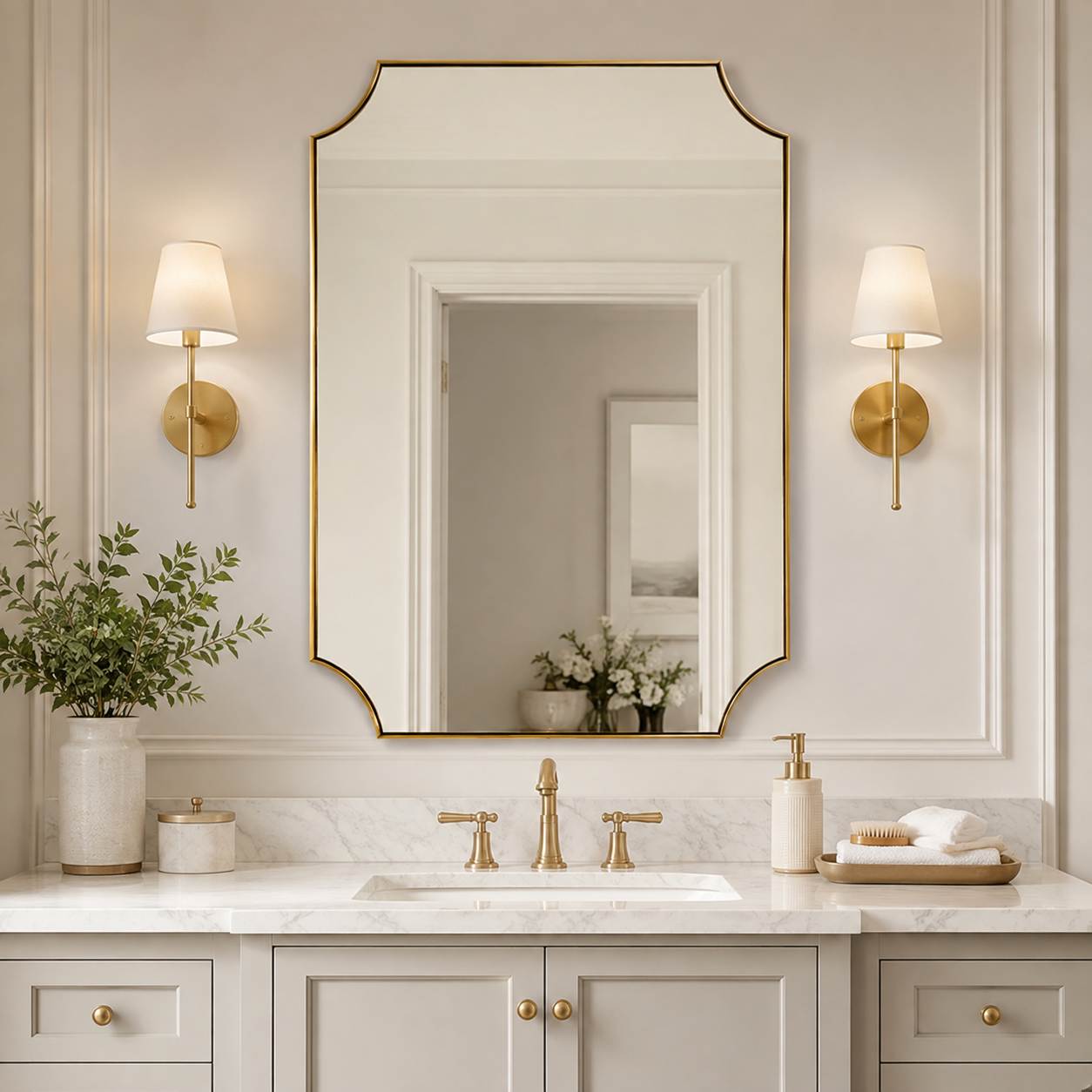 Modern Cut Corner Scalloped  Rectangle Bathroom Vanity Mirror | Stainless Steel Frame