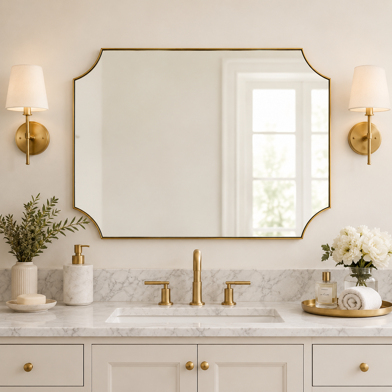 Modern Cut Corner Scalloped  Rectangle Bathroom Vanity Mirror | Stainless Steel Frame