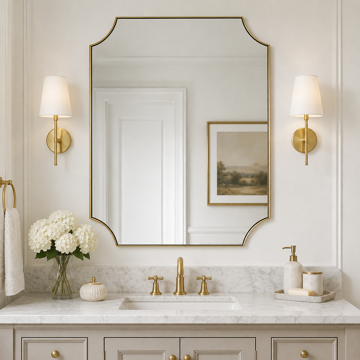 Modern Cut Corner Scalloped  Rectangle Bathroom Vanity Mirror | Stainless Steel Frame