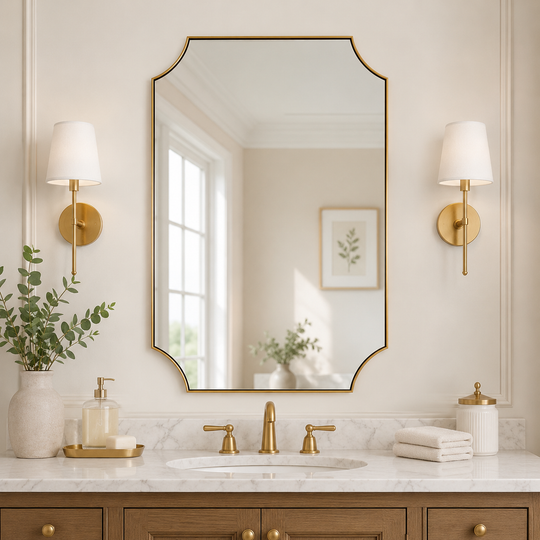 Modern Cut Corner Scalloped  Rectangle Bathroom Vanity Mirror | Stainless Steel Frame