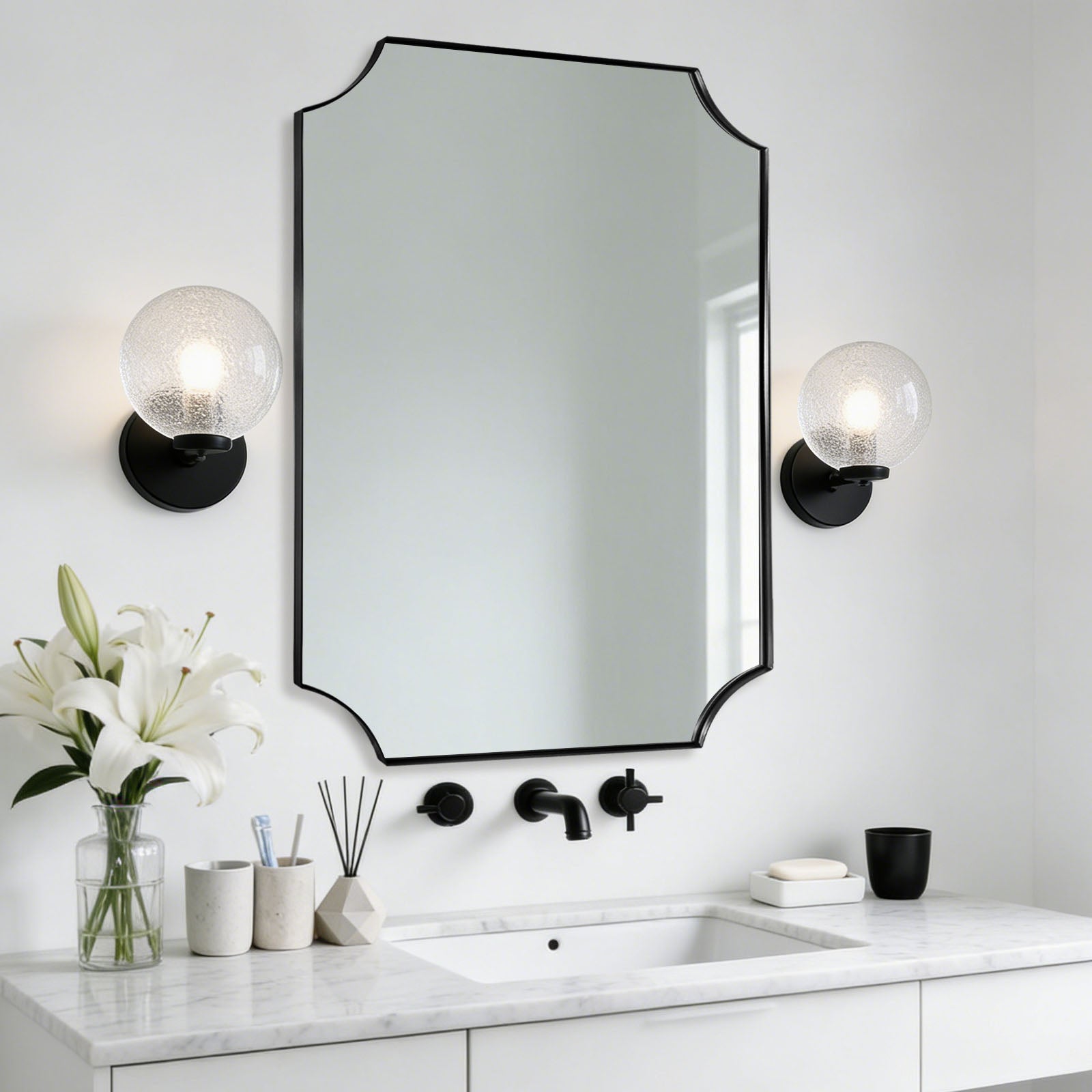 Contemporary Notched Corner Scalloped  Rectangle Bathroom Vanity Mirror | Stainless Steel Frame