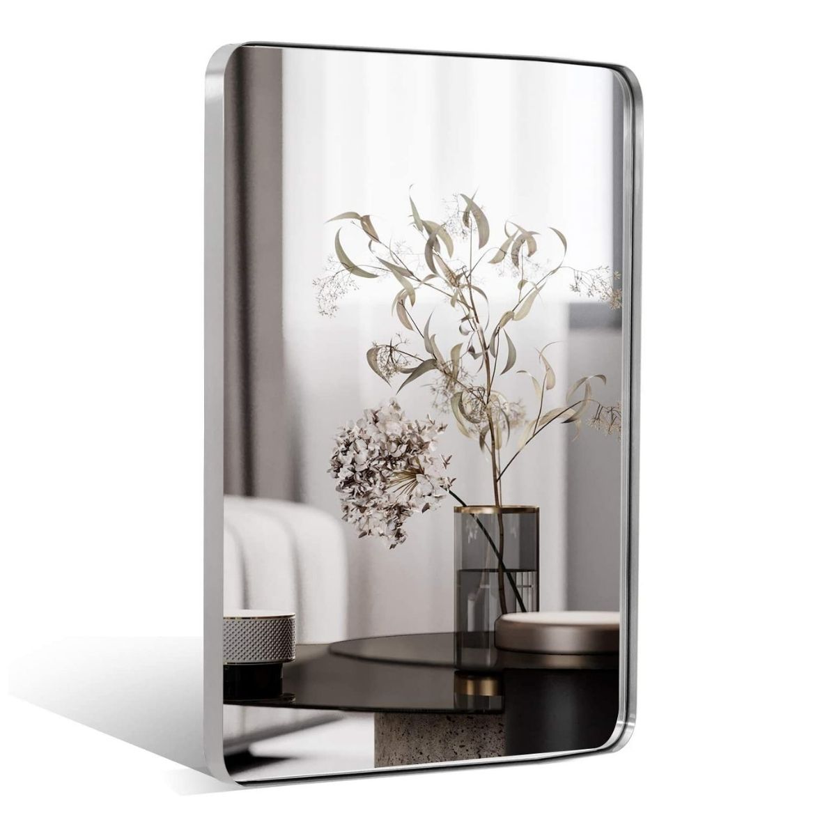 Open Box Like New : Modern Rounded Rectangle Mirror for Bathroom/ Vanity/ Wall | Stainless Steel Frame