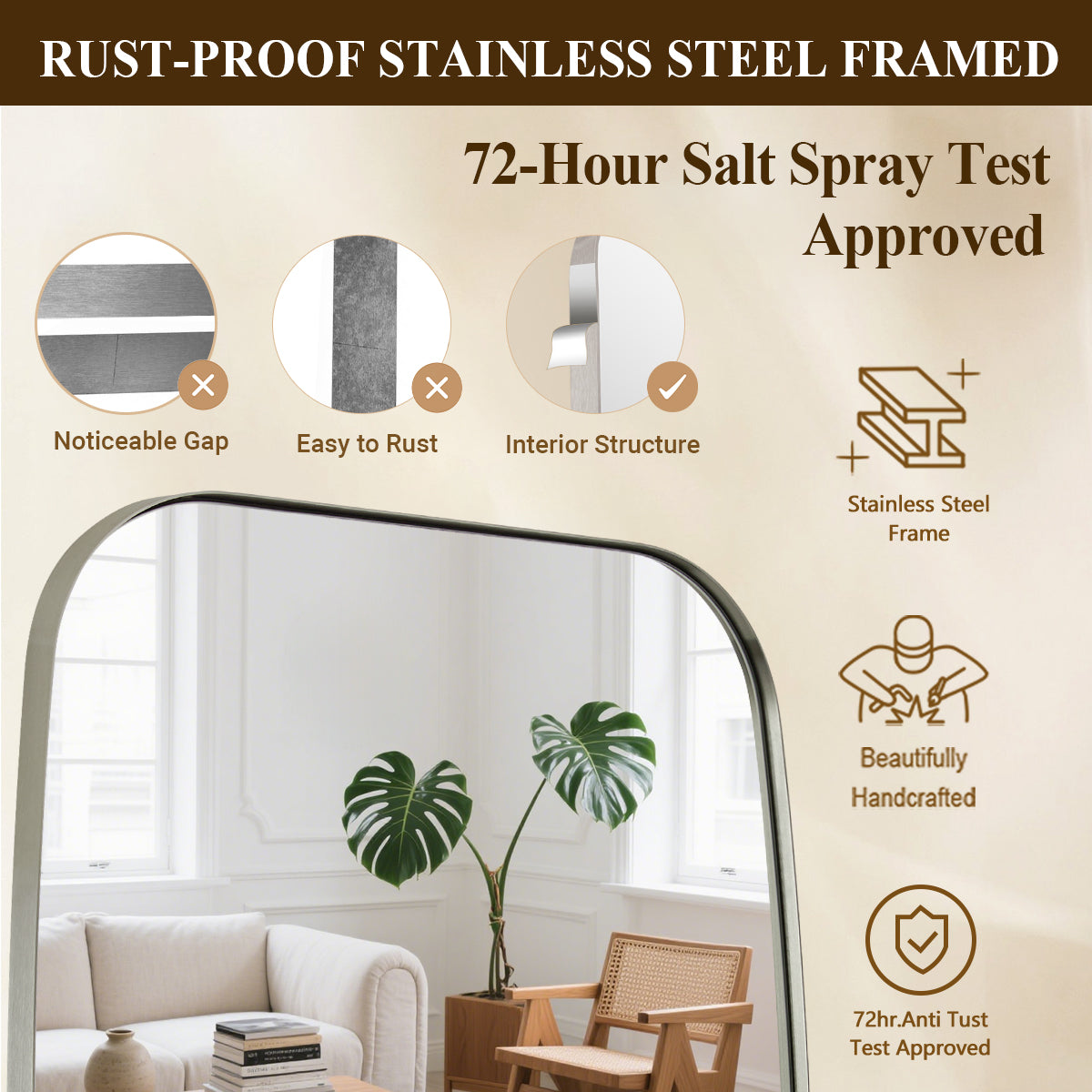 Modern Oblong Bathroom Mirror Long Oval Mirror | Stainless Steel Frame