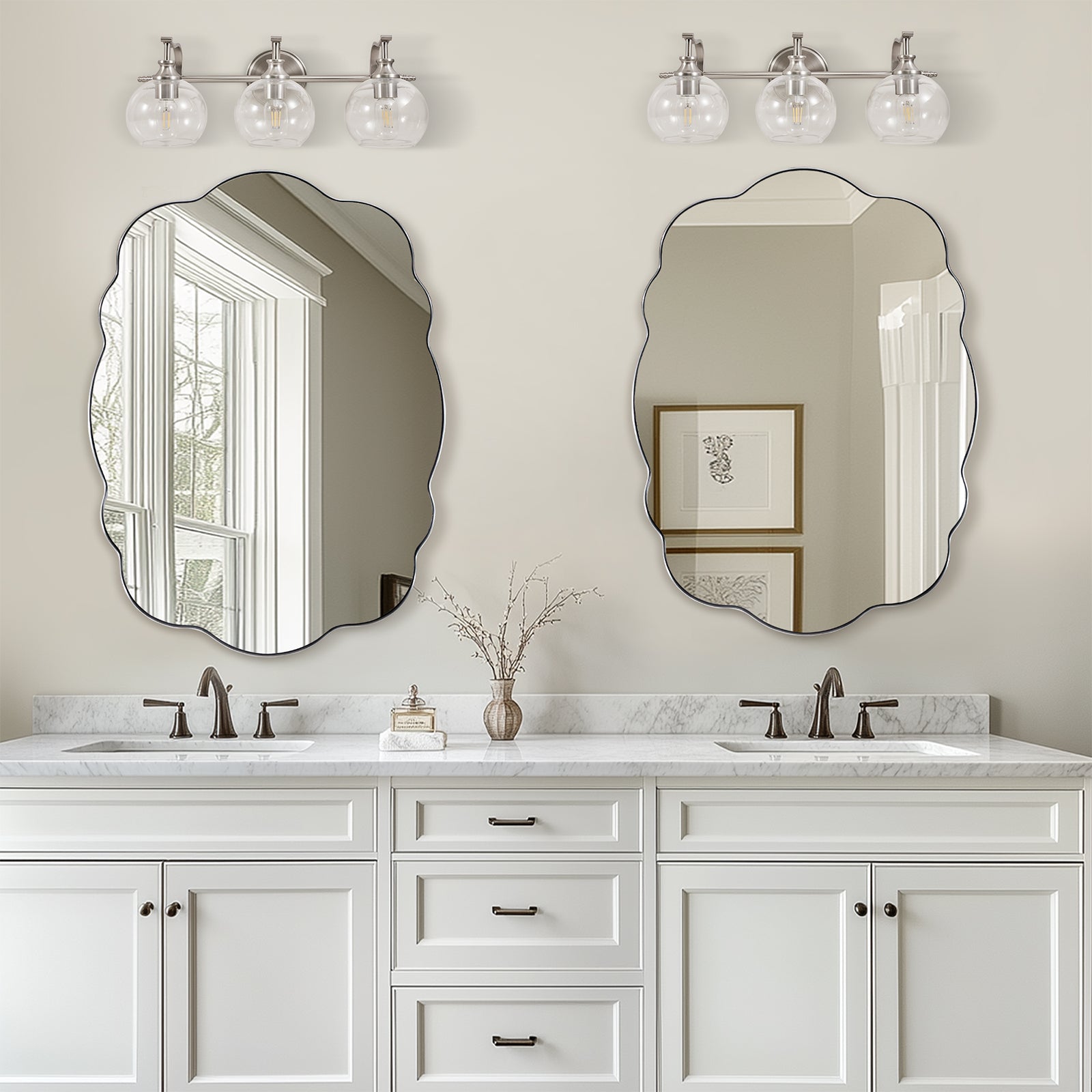 Contemporary Wavy Oval Scalloped Bathroom Vanity Mirror  Irregular Decorative Mirror| Stainless Steel Framed