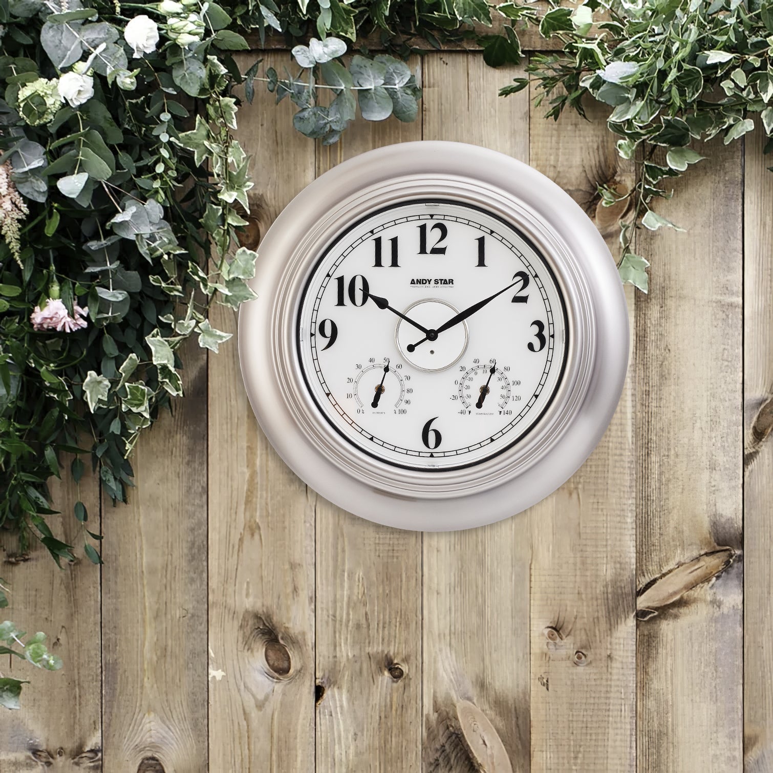 Modern Outdoor Wall Clock with Thermometer Weatherproof Large Lighted Clocks for Patio, Garden