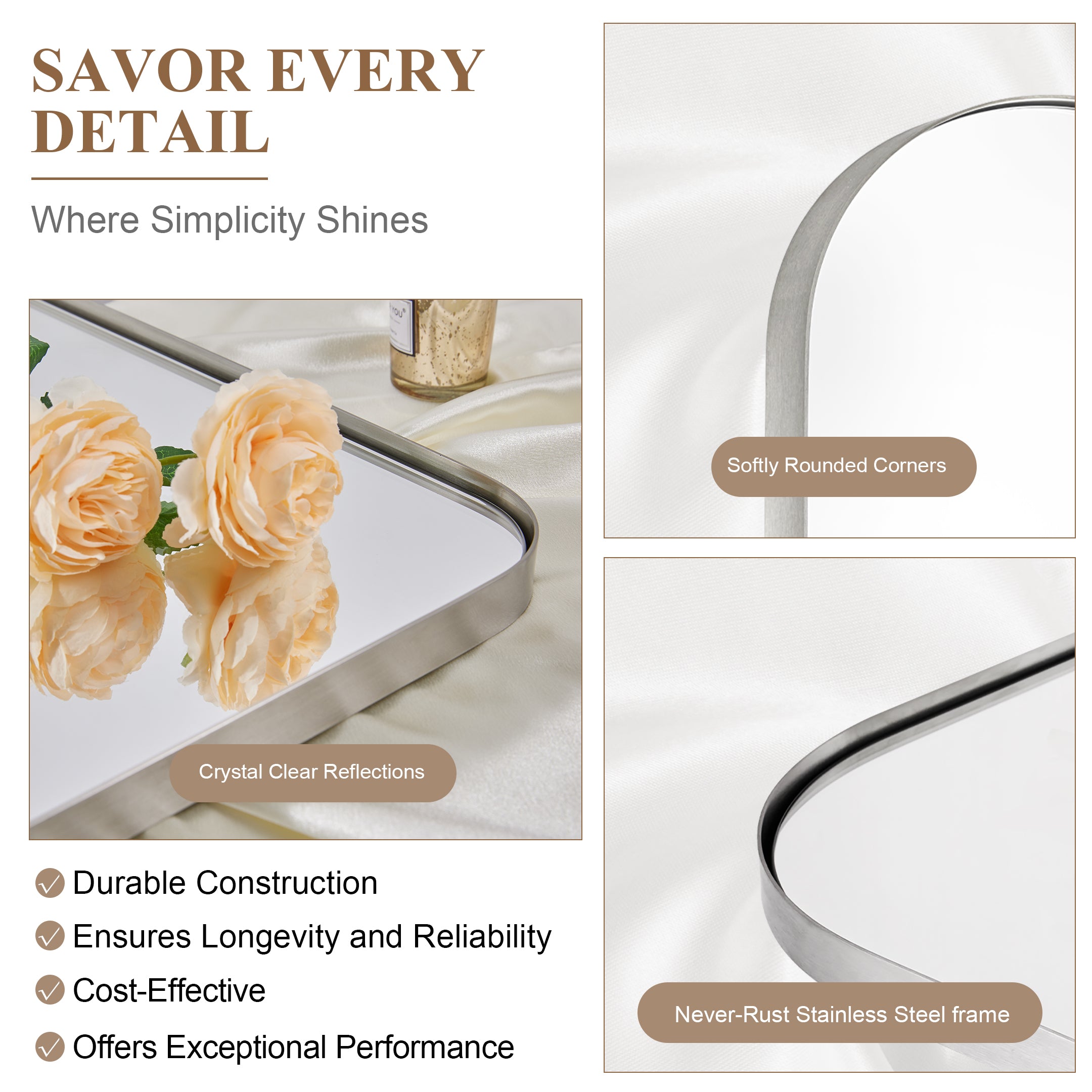 Modern Mantel Wide Arch Rectangle Bathroom Vanity  Mirror | Stainless Steel Frame