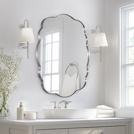 Contemporary Wavy Oval Scalloped Bathroom Vanity Mirror  Irregular Organic Mirror| Stainless Steel Framed
