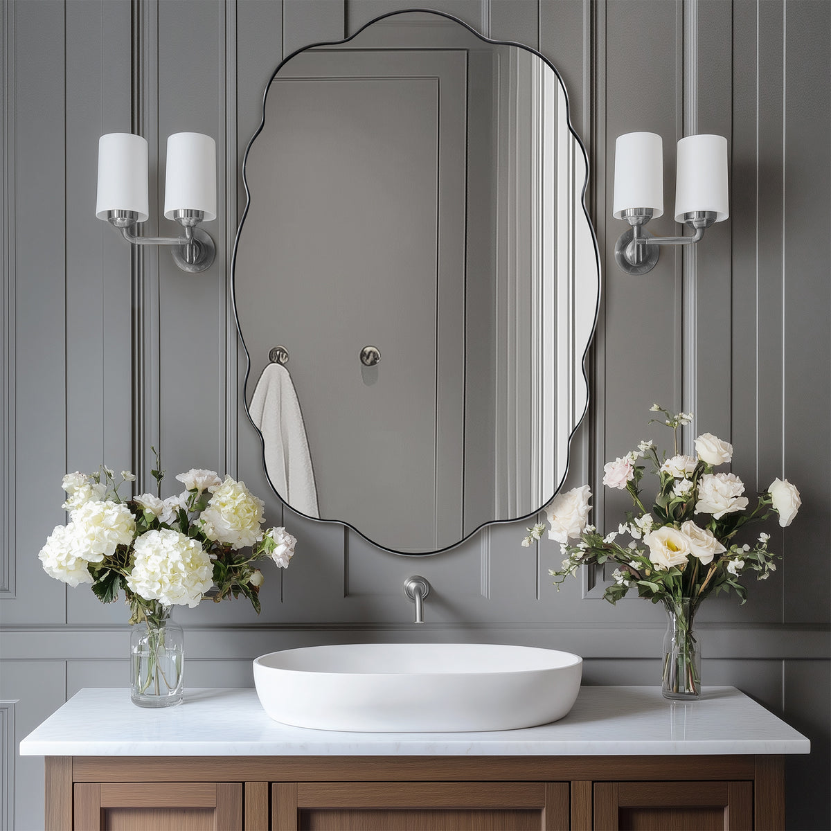 Contemporary Wavy Oval Scalloped Bathroom Vanity Mirror  Irregular Organic Mirror| Stainless Steel Framed
