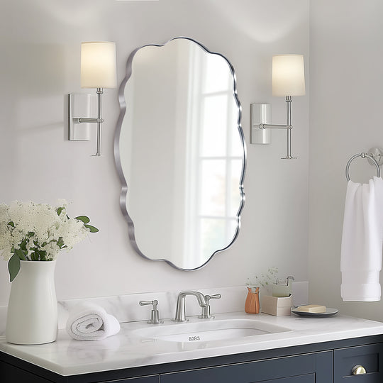 Contemporary Wavy Oval Scalloped Bathroom Vanity Mirror  Irregular Organic Mirror| Stainless Steel Framed