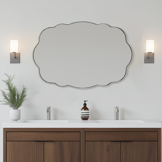 Contemporary Wavy Oval Scalloped Bathroom Vanity Mirror  Irregular Organic Mirror| Stainless Steel Framed