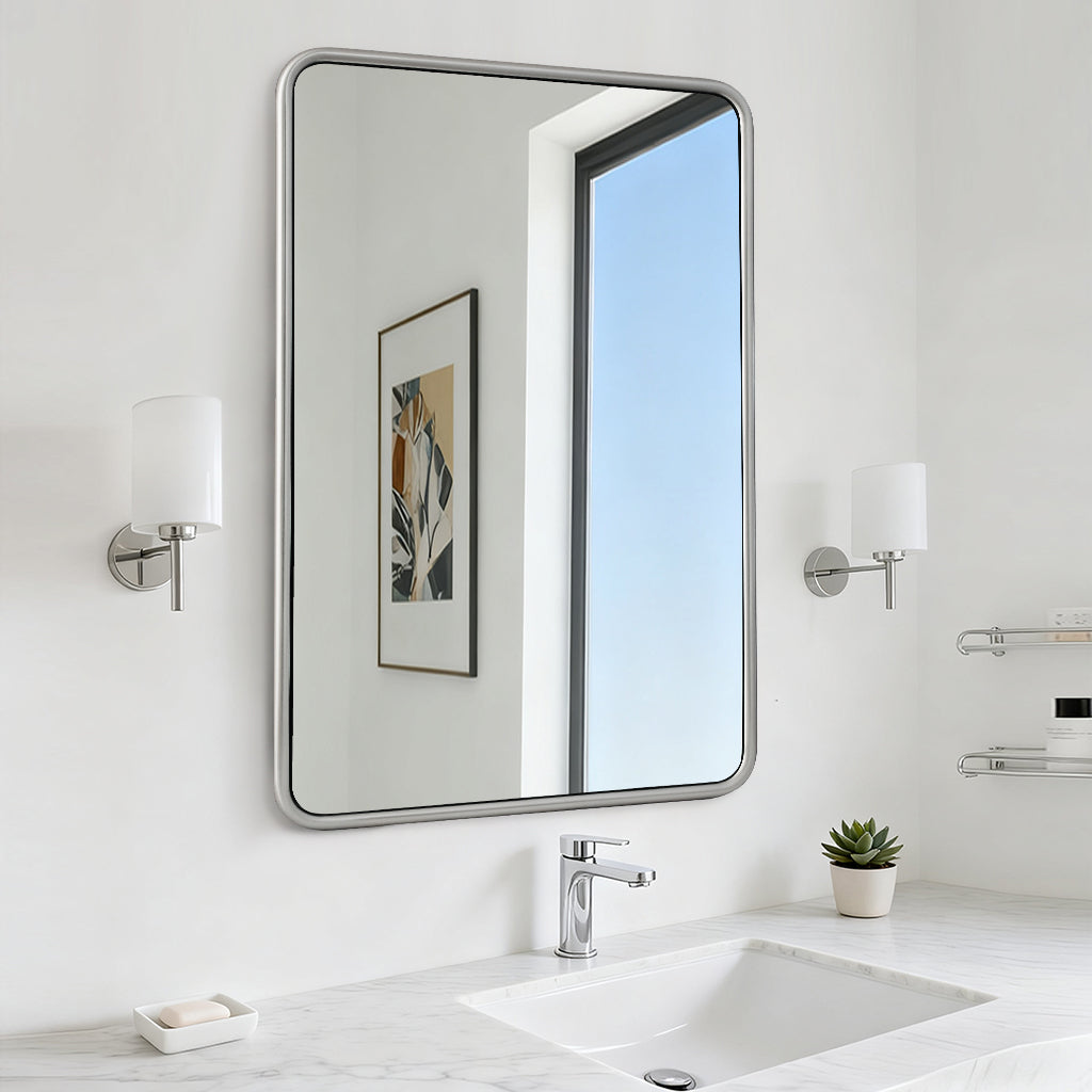 Contemporary Rectangle Bathroom Mirror |Rounded Stainless Steel Framed