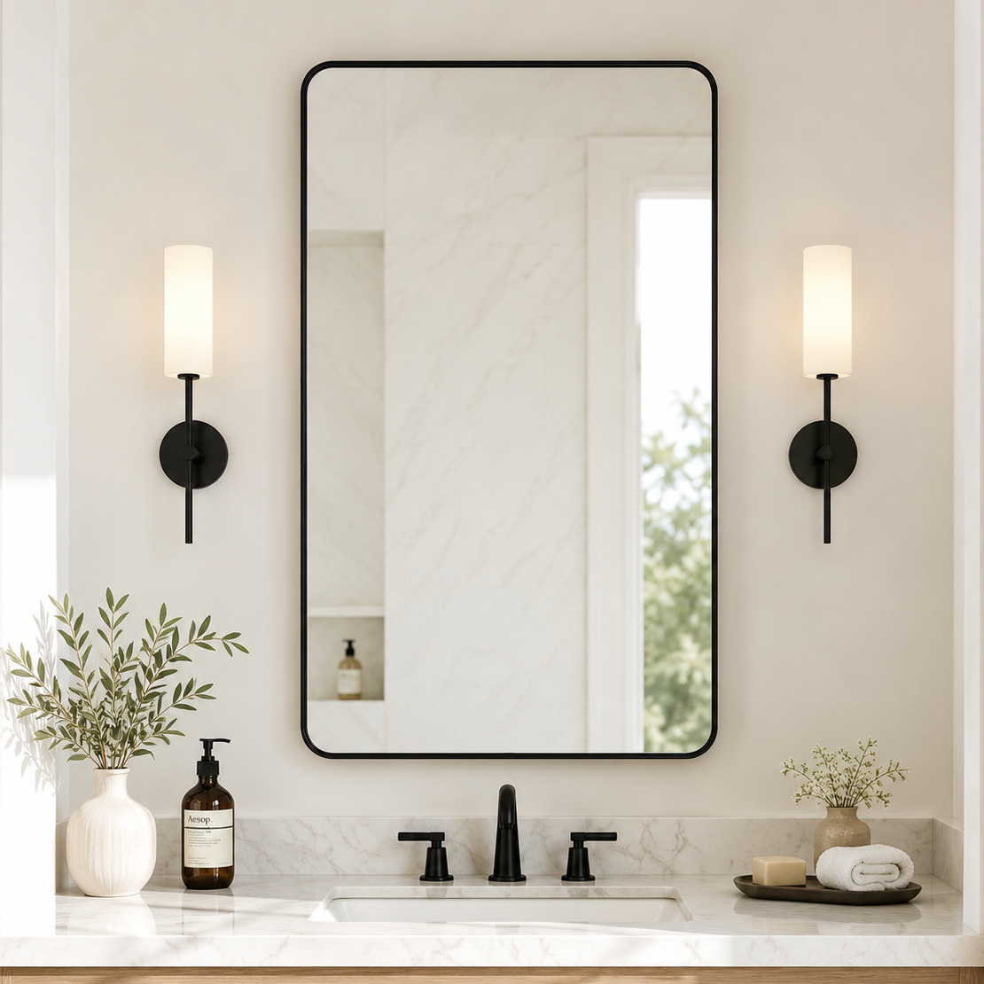 Modern Rounded Rectangle Mirror for Bathroom/ Vanity/ Wall | Stainless Steel Frame